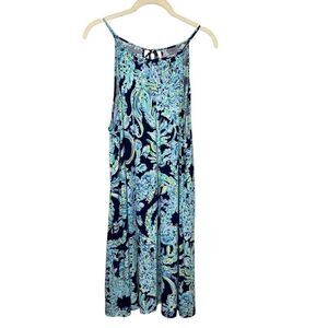 Lilly Pulitzer Halter Dress Size Large Blue Print High Tide Tassel Back Ties